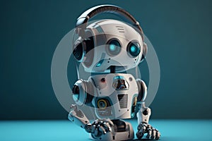 Small futuristic Ai robot listening to music headphones. Ai generated