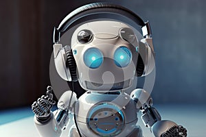 Small futuristic Ai robot listening to music headphones. Ai generated