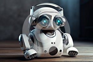 Small futuristic Ai robot listening to music headphones. Ai generated