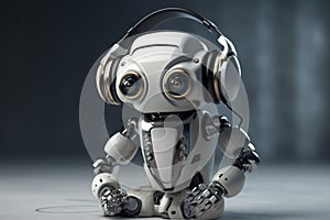 Small futuristic Ai robot listening to music headphones. Ai generated