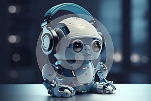 Small futuristic Ai robot listening to music headphones. Ai generated