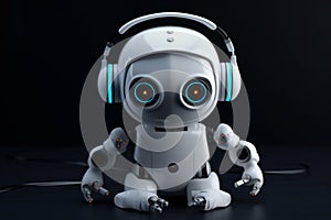 Small futuristic Ai robot listening to music headphones. Ai generated