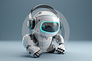 Small futuristic Ai robot listening to music headphones. Ai generated