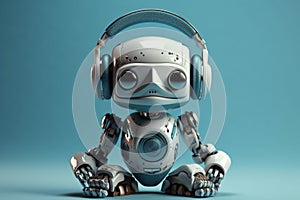 Small futuristic Ai robot listening to music headphones. Ai generated