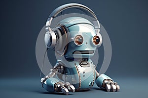 Small futuristic Ai robot listening to music headphones. Ai generated