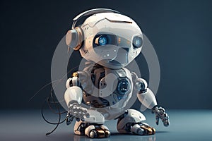 Small futuristic Ai robot listening to music headphones. Ai generated