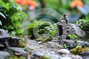 A small garden featuring rocks and various plants arranged neatly in a harmonious composition, A miniature jewel in the garden