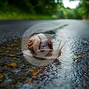 Small garden snail crawling on wet road, nature exploration photo