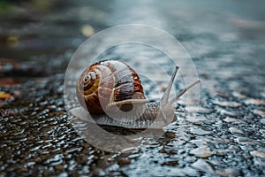 Small garden snail crawling on wet road, nature exploration photo
