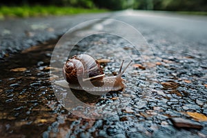 Small garden snail crawling on wet road, nature exploration photo