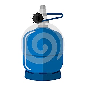 Small gas cylinder isolated on white background. Short canister fuel storage. Blue propane bottle with handle icon container in