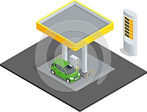 Small gas station. Gas petroleum petrol refill station cars. Flat 3d web isometric infographic concept vector. Refilling photo