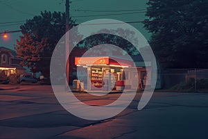 A small gas station located on a street corner, with cars fueling up and people going about their daily activities, A drive-