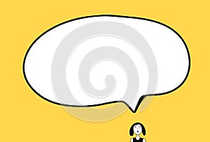 Small girl and big speech bubble hand drawn illustration in cartoon style