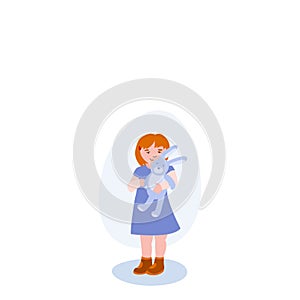 Small Girl With Bunny illustration. Girl, child, toy, bunny. Editable vector graphic design.