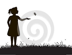 Small girl and butterfly, try to catch butterfly,summer garden scene, black and white, white background