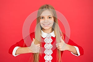 Small girl child. School education. happy little girl on red background. family and love. childrens day. Childhood