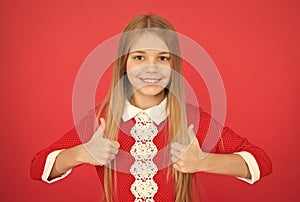 Small girl child. School education. happy little girl on red background. family and love. childrens day. Childhood