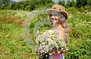 Small girl collecting flowers and herbs on sunny day, vacation concept