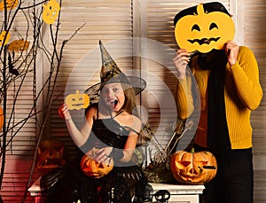 Small girl enjoy halloween party with father. Small girl and father celebrate halloween. Party time. Its the season for