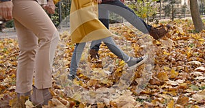 Small girl with grandparents on a walk in autumn forest