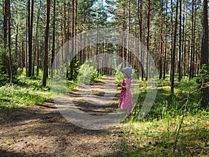 Small girl in a pink dress walking in a forest