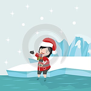 Small Girl with Santa Claus costume in North pole Arctic