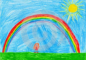 Small girl under the rainbow, child`s drawing