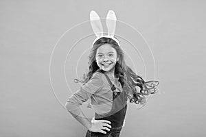 Small girl wear bunny ears. Kid in rabbit costume. Spring holidays. Easter funny bunny. Happy easter. Seasonal sale and