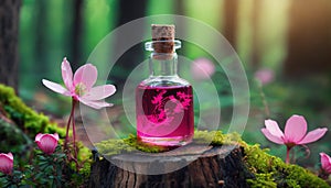 Small glass bottle filled with magic pink poison on top of tree stump. Magical elixir