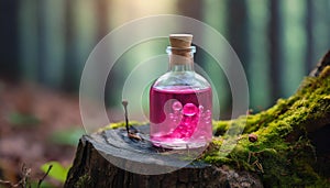 Small glass bottle filled with magic pink poison on top of tree stump. Magical elixir