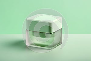 Small glass container against lime green background. Cosmetics mock up