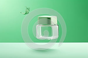 Small glass container against lime green background. Cosmetics mock up,