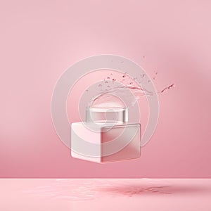 Small glass container on pastel pink background. Cosmetics mock up, with copy space.
