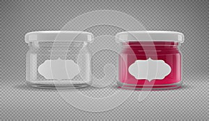 Small glass jam jar with a lid. Realistic 3D illustration. Vector