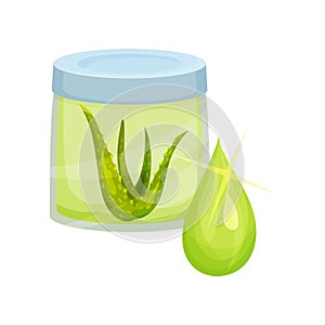 Small glass jar with aloe vera gel and green leaves, big shiny drop. Natural cosmetic for skin care. Flat vector icon