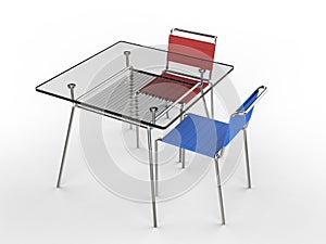 Small glass table with blue and red chairs