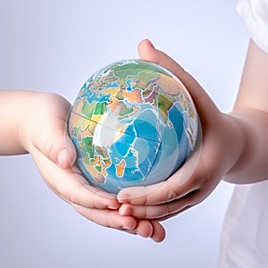 A small globe, the earth in children\'s hands, isolated on white, the concept of environmental protection, respect for nature