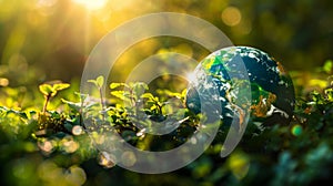 Small globe with growing plant on grass field with blurred forest background