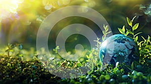 Small globe with growing plant on grass field with blurred forest background