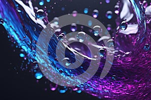 Small glowing blue purple water drops. Coloring water splash with black background and white light generated AI