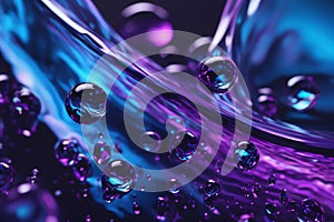 Small glowing blue purple water drops. Coloring water splash with black background and white light generated AI