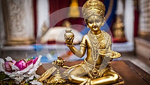 Small gold statue of Krishna, at a Hare Krishna