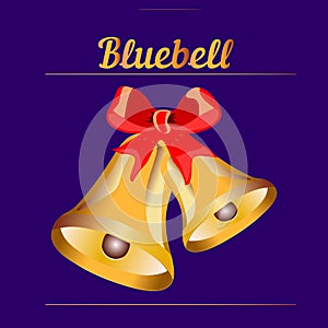Small golden bell with red ribbon, cartoon on dark blue background