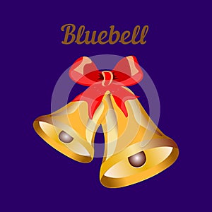 Small golden bell with red ribbon, cartoon on dark blue background,