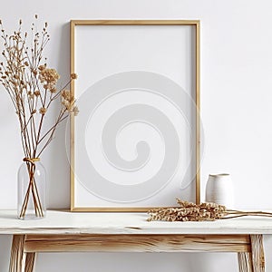 Small golden frame, mockup, on a wooden table, some neutral greenery. Neutral and clean scenery. Created with AI