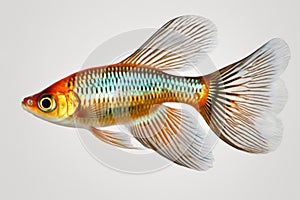 Small golden iridescent guppy fish isolated on white background
