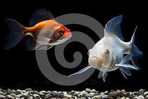 a small goldfish next to a fully grown goldfish in a fish tank