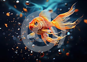 A small goldfish swims in the water with bubbles. Generated by AI