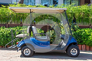 Small golf electric car at a tourist resort. blue electric car parked on the roadside